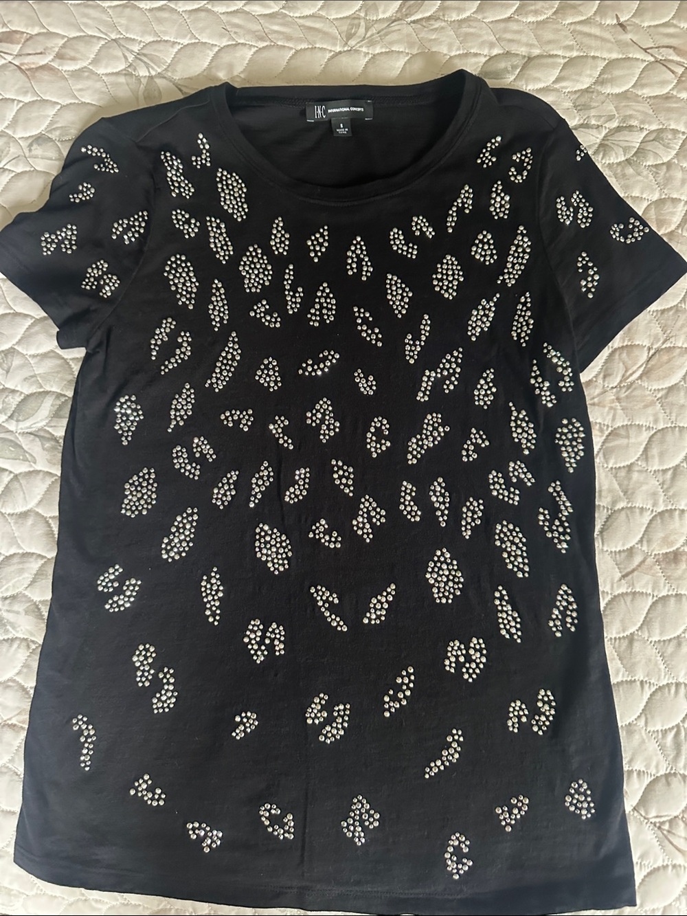 INC International Concepts Black Short Sleeve Tee with Silver Stud Leopard Spots